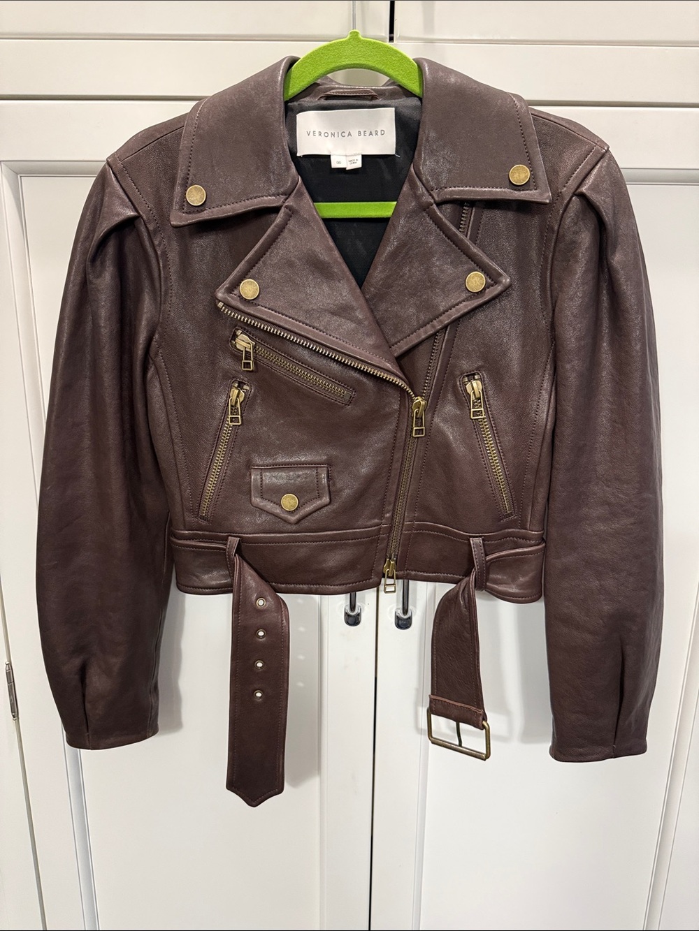 Veronica Beard Marea Lamb Brown Leather Jacket with Belt